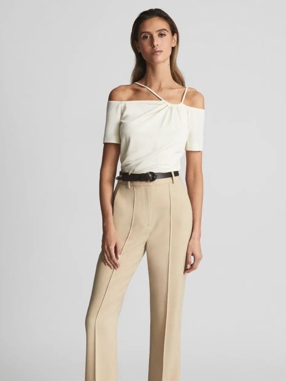 Reiss Cream Cierra Off The Shoulder Top Strappy Short Sleeve Shirt